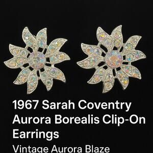 1967 Sarah Coventry Aurora Blaze AB Clip On Earrings Starburst Silvertone